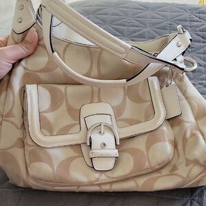 Coach Shoulder Bag with White Trim and Logo Pattern